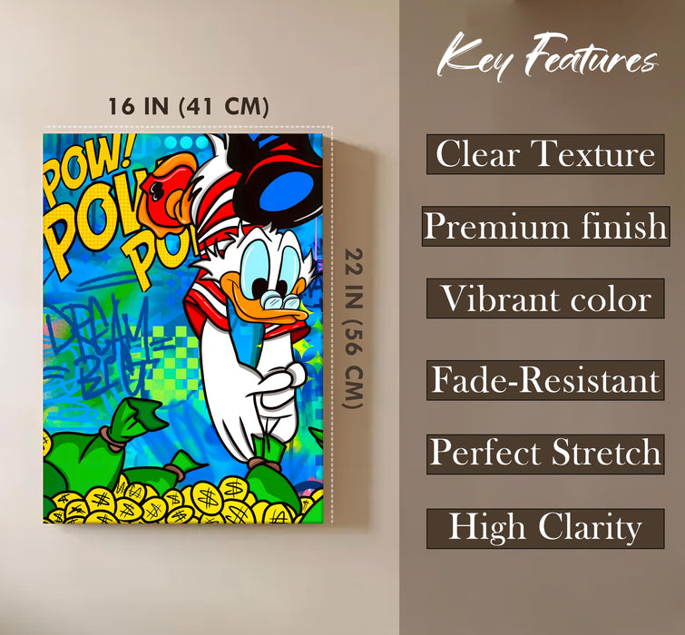 Pop Art Cartoon Duck Money Wall Painting | Comic Graffiti Style Stretched Canvas Art Print| Modern Street Wall Art for Home & Office, 41x56 cm