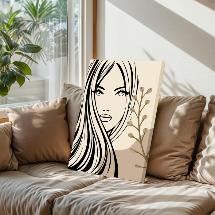 Abstract Female face Stretched Canvas Wall Art Modern Boho Illustration Painting for Home & Office Wall Decor, (16x22 Inch)