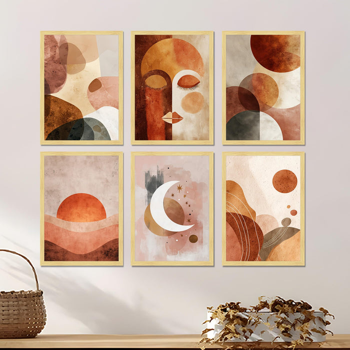 Botanical Abstract Framed Painting Wall Art Set of 6 |Modern Geometric Face, Sun & Moon Prints| Soft Neutral Tones | Engineered wood Frame Wall Décor, (Size: A3)