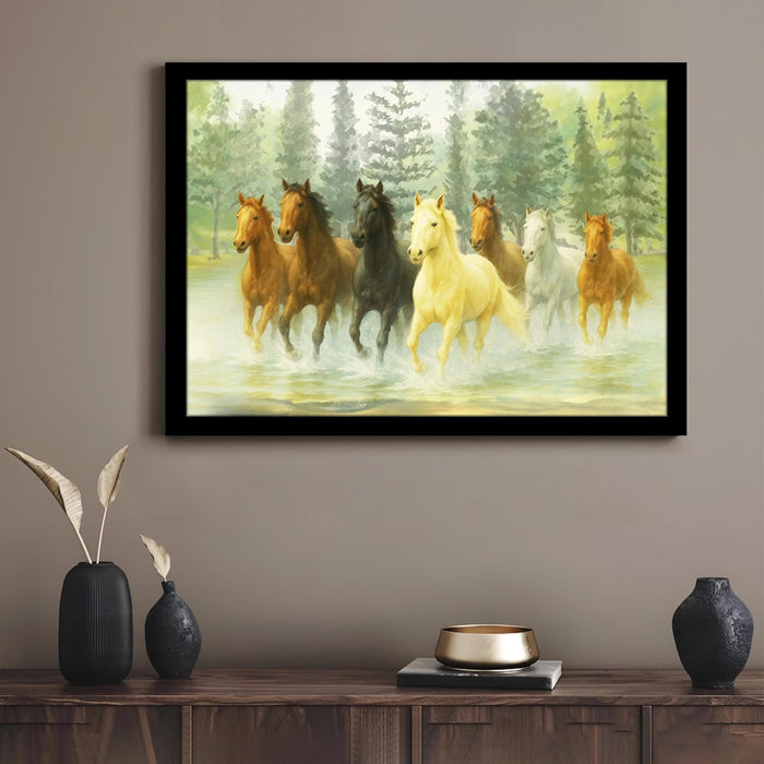 Seven Running Horses Wall Art Vastu Feng Shui Multicolor | Canvas Painting Stretched on Wood | Suits For Vastu-Friendly Place (16x22 Inch)