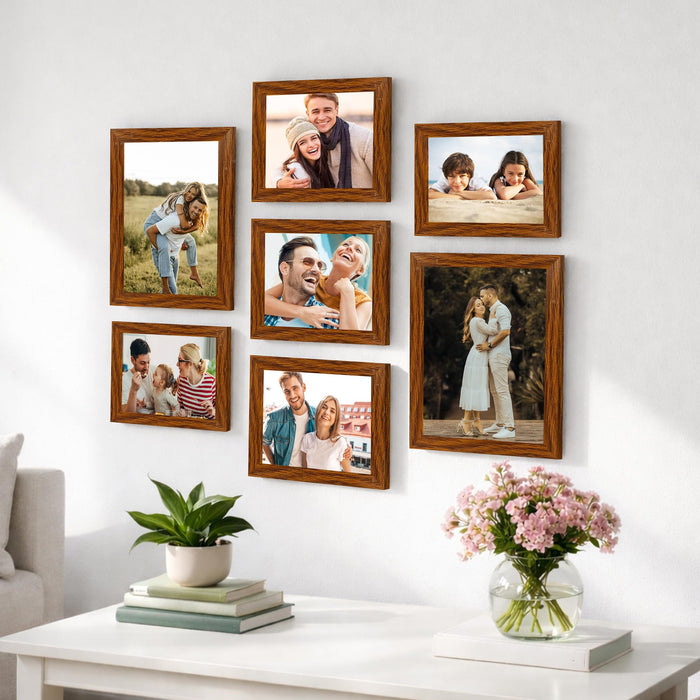 Family Photo Frame Set of 7 for Wall Decor, Wooden Finish Collage Picture Frames for Living Room, Bedroom, Multi-Size Wall Hanging Gallery Frame Set, (2 Sets 5x7, 3 Set 6x8, 2 Set 8x10 Inch)
