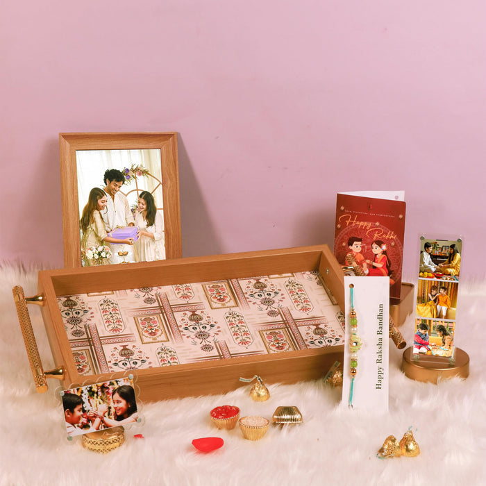 Rakshabandhan Gift Hamper for Brother and Bhabhi, Photo Frame and Serving Tray, Lotus Rakhi with Chawal and Roli Gift Set for Celebrate Raksha Bandhan