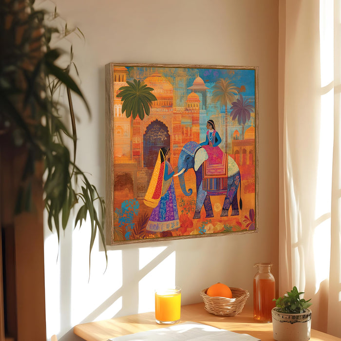 Rajasthani Elephant Folk Framed Painting For Living Room | Indian Traditional Large Canvas Painting With Frame Wall Art For Bedroom, Hallway's, Office, Hotel, Size 58x58 cm