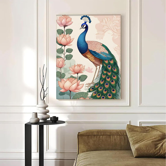 Portrait Stretched Canvas Elephant Peacock Lotus Beautiful Wall Art Print Décor Printed on Canvas Stretched on Wood 41x56 cm