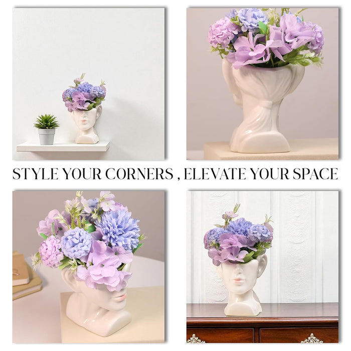 Artificial Flower with Ceramic Face Pot Vase Planter Women Head Pot with Flowers Vase Decorative Flower Vases for Home Living Room Dining Table Bedroom Office Indoor Décor 13x10x20 cm