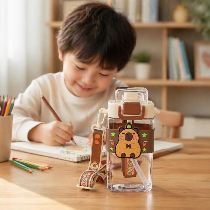Art Street Water Bottle for Kids – 550ML Square Sipper with 3D Silicone Charm, Adjustable Shoulder Strap, Leak-Proof & BPA-Free Portable Travel Bottle for School & Outdoors (Brown, 7x3)