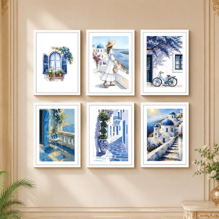 Mediterranean Village Scenery Wall Art Painting for Living Room, Blue & White Coastal Aesthetic Wooden Framed Wall Art Print for Bedroom, Office & Home Decor (Set of 6, 13x9 inch)