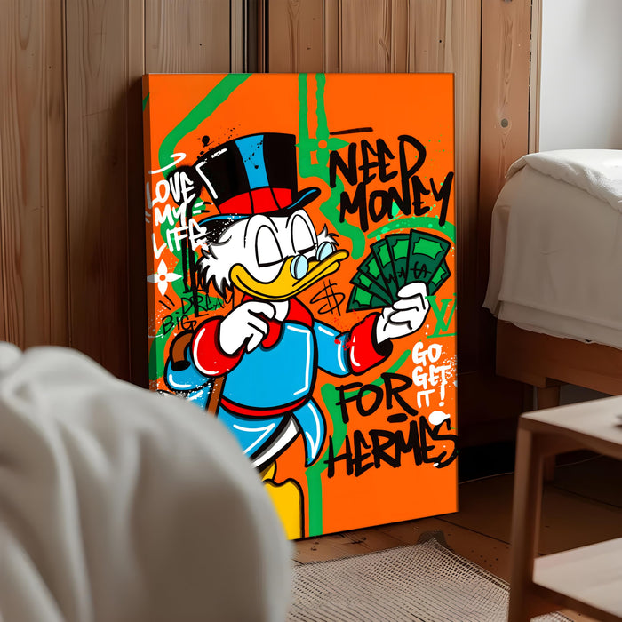 Modern Pop Art Duck Money Wall Painting | Graffiti Street Art Stretched Canvas Print | Bold Cartoon Artwork for Living Room, Office & Café Décor, 56x86 cm