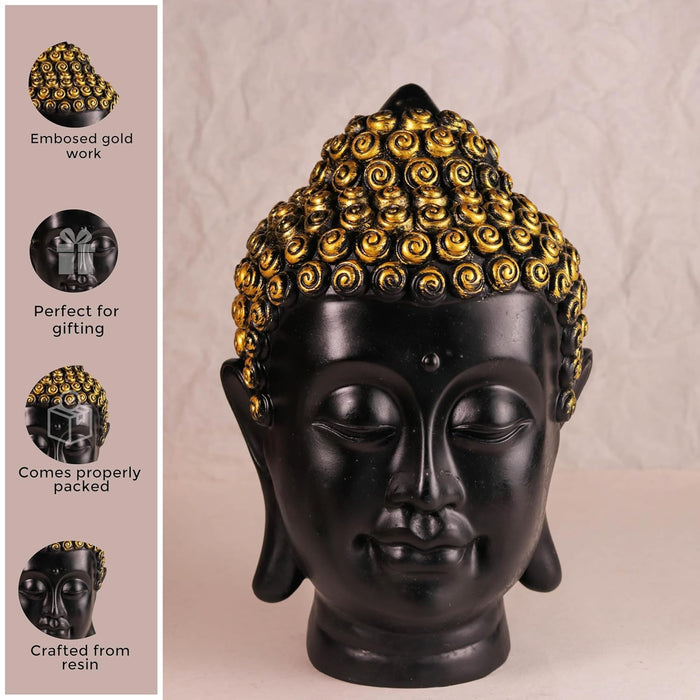 Buddha Head Statue Showpiece Idol, Crafted from Resin Buddha Head Murti (Black, 17x37 cm)
