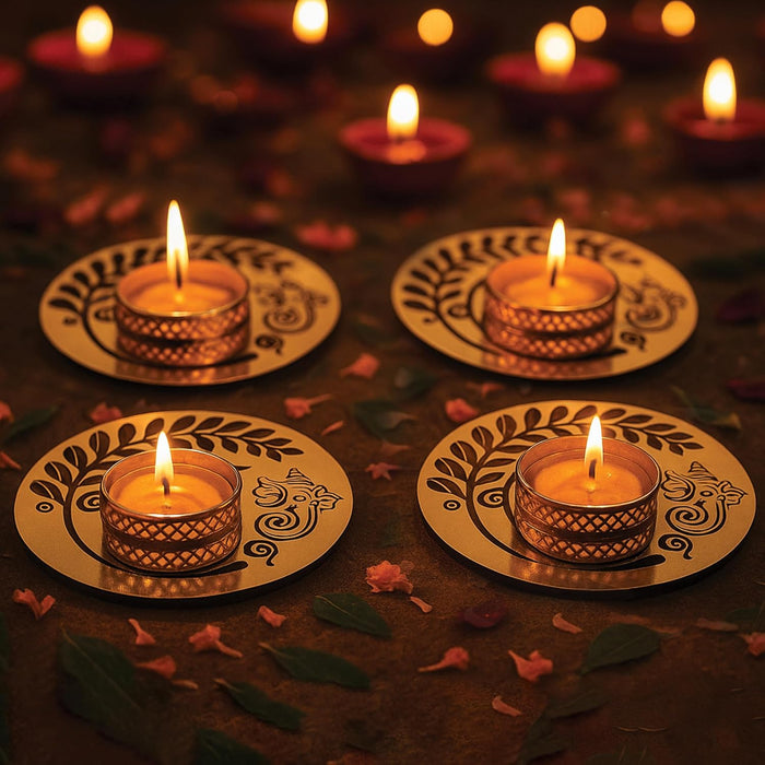 Decorative Diwali Tealight Diya Holders for Home Decoration, Dipawali Décor Items, Diwali Temple Decoration - Pack of 4 MDF Wood Tea Light Candle Holder Deity Ganesha Stand –11.5x11.5 cm