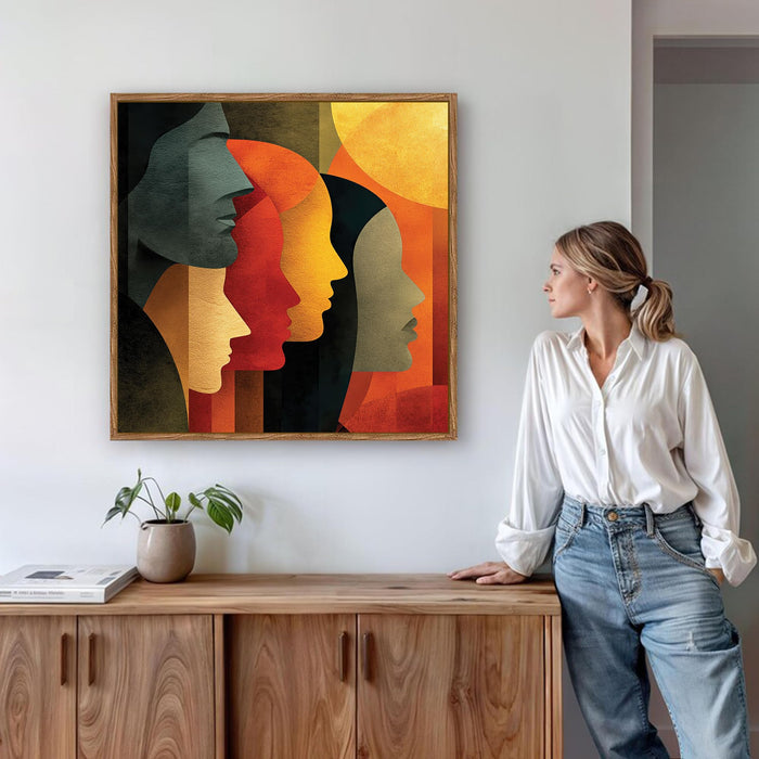 Abstract Faces Figurative Framed Painting For Living Room | Modern Woman Portrait Large Canvas Painting With Frame Wall Art For Bedroom, Hallway's, Office, Hotel, Size 58x58 cm