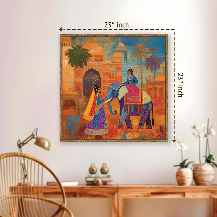 Rajasthani Elephant Folk Framed Painting For Living Room | Indian Traditional Large Canvas Painting With Frame Wall Art For Bedroom, Hallway's, Office, Hotel, Size 58x58 cm