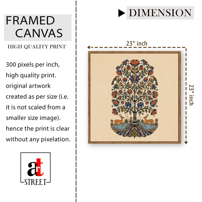 Kalamkari Tree of Life Framed Painting For Living Room | Madhubani Folk Animal Tree Large Canvas Painting With Frame Wall Art For Bedroom, Hallway's, Office, Hotel, Size 58x58 cm