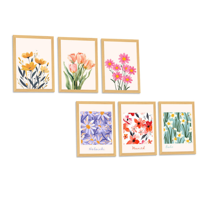 Indian Floral Theme Wall Art Prints With Frame For Home Decor Set of 6 (A4)