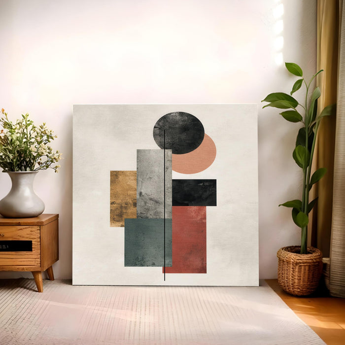 Modern Abstract Geometric Stretched Canvas Wall Art Painting For Living Room, Mid-Century Modern Circles & Rectangles Poster, Contemporary Decor for Living Room & Office (56xx56 cm)