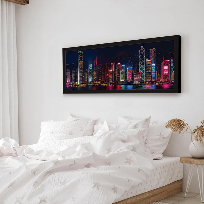 Vibrant Hong Kong Skyline at Night Cityscape Wall Art Framed Luxury Paintings for Home Decoration, Living room, Bedroom and Office Decoration (99x38 CM)