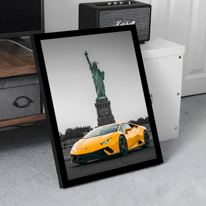 Automotive Wall Art Print for Boys and Man Room with Yellow Sports Car Illustration in Front of Statue of Liberty 32x44 cm
