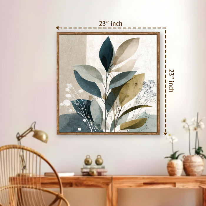 Abstract Botanical Leaf Framed Painting For Living Room | Modern Nature Leaves Large Canvas Painting With Frame Wall Art For Bedroom, Hallway's, Office, Hotel, Size 58x58 cm