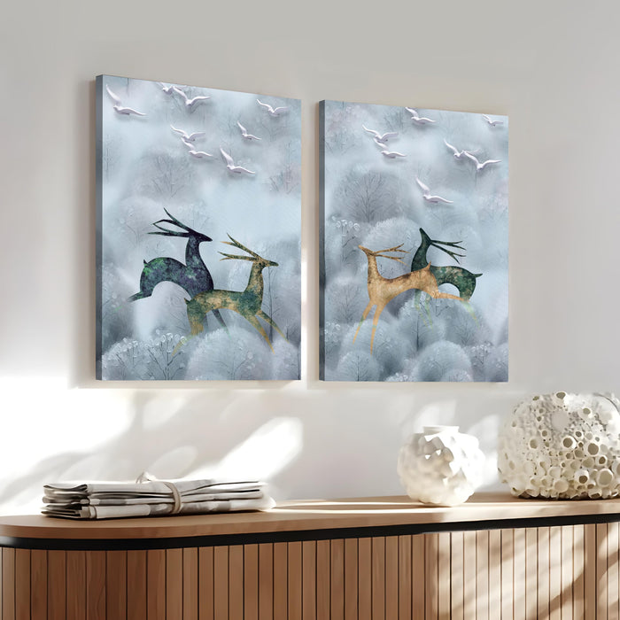 Art White & Blue Running Deer Stretched Canvas Wall Painting Pack of 2 | Digital Print On Stretched-Canvas (30x41 CM)