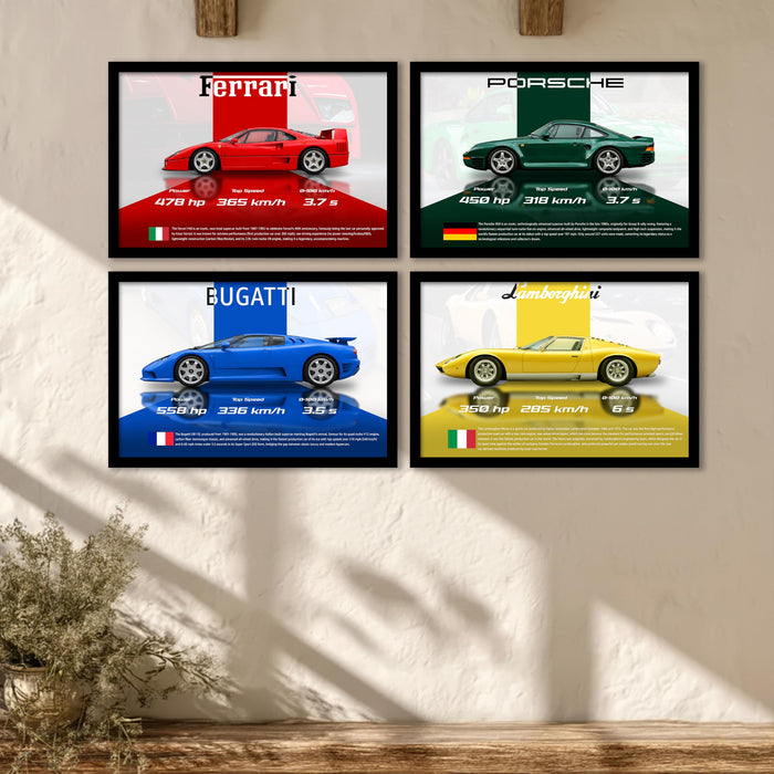 Luxury Supercars Framed Painting Wall Art Painting Set of 4 | Ferrari, Porsche, Bugatti & Lamborghini Illustration Prints for Living Room & Office D cor, 23x32 cm