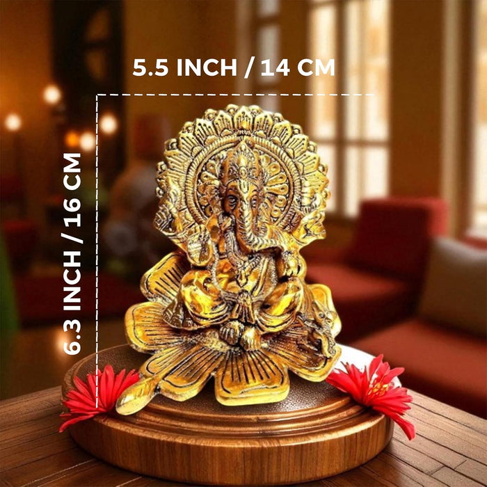 Metal Ganesha Sitting Idol on Lotus Traditional Ganesha Brass Finished Idol Diwali Decoration, Brass Finished, Handcrafted Design 14x16 cm