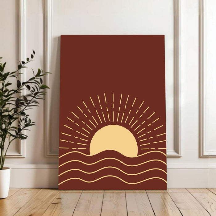 Abstract Dark Brown Sun Rise Stretched Canvas Wall Art Modern Boho Illustration Painting for Home & Office Wall Decor, (16x22 Inch)
