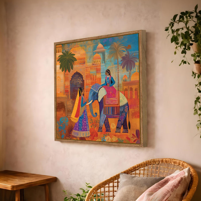 Rajasthani Elephant Folk Framed Painting For Living Room | Indian Traditional Large Canvas Painting With Frame Wall Art For Bedroom, Hallway's, Office, Hotel, Size 58x58 cm
