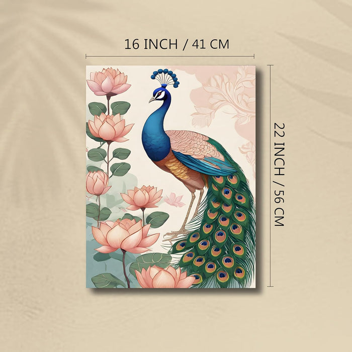 Portrait Stretched Canvas Elephant Peacock Lotus Beautiful Wall Art Print Décor Printed on Canvas Stretched on Wood 41x56 cm