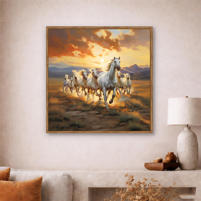 Vastu 7 Running Horses Framed Painting For Living Room | Feng Shui White Horse Large Canvas Painting With Frame Wall Art For Bedroom, Hallway's, Office, Hotel, Size 58x58 cm