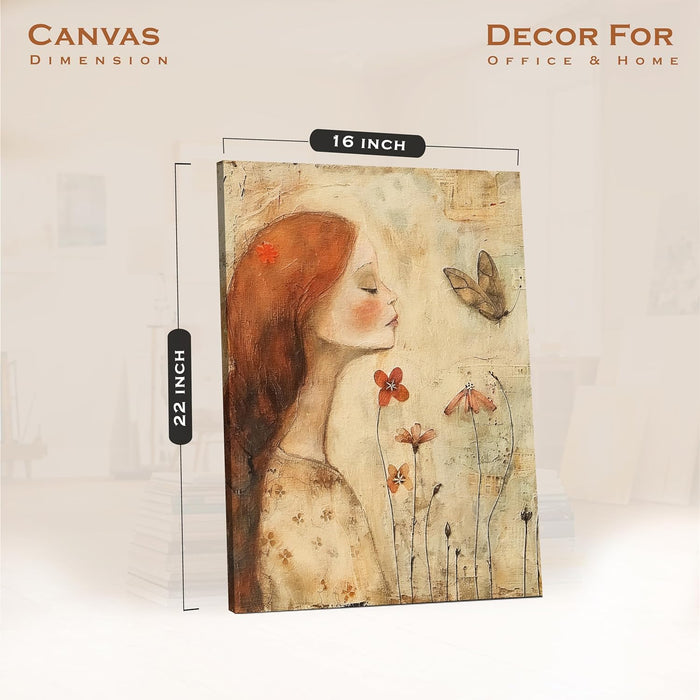 Vintage Abstract Art of Girl with Flower and Butterfly in Orange, Brown, and Beige | Digital Painting (16x22 Inch)