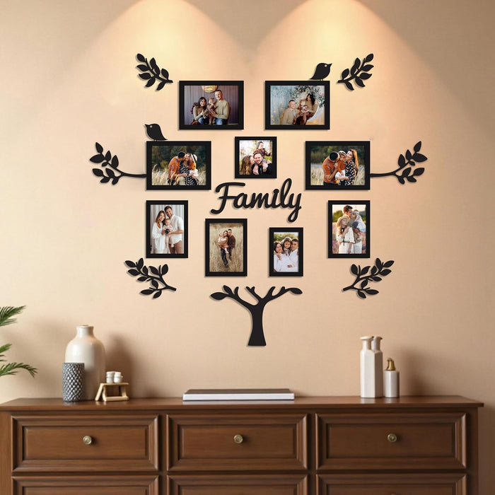 Family Tree Wall Photo Frame Set Pack of 9 with 10 MDF Cutouts for Home Decoration Wall Hanging Photo Frame Collage for Living Room Bedroom