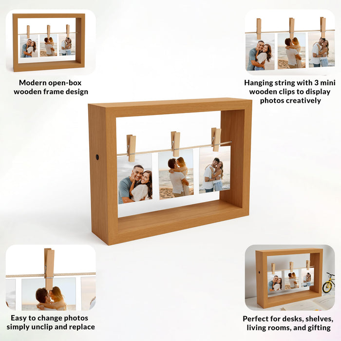 Art Street Open Box Modern Wooden Photo Frame Brown Wooden Picture Display Frame with Clips, Creative Hanging Photo Display for Desk and Shelf Decor, Picture Frames for Home Decor 17x22 cm