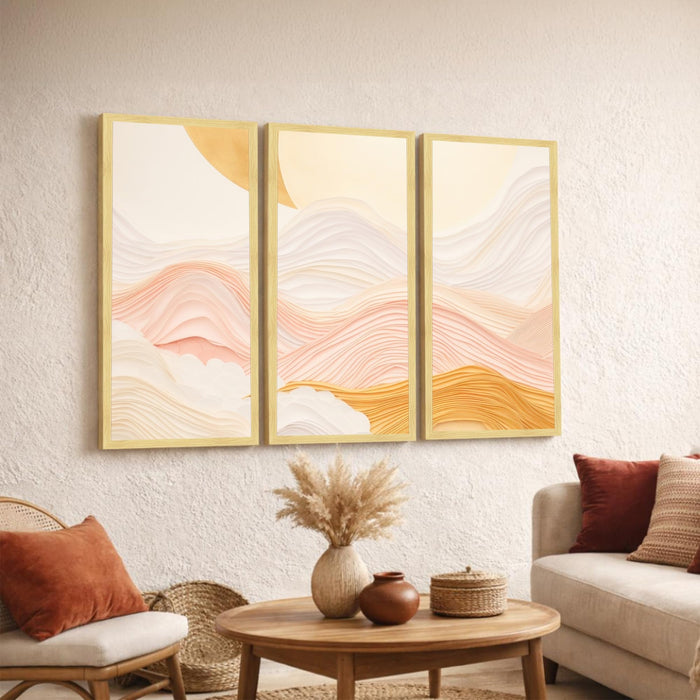 Abstract Layered Landscape Framed Wall Art Set of 3 | Modern Boho Minimal Wall Décor | Engineered Wood Frame Art for Living Room, Bedroom & Office, 8.9x18.9 Inch