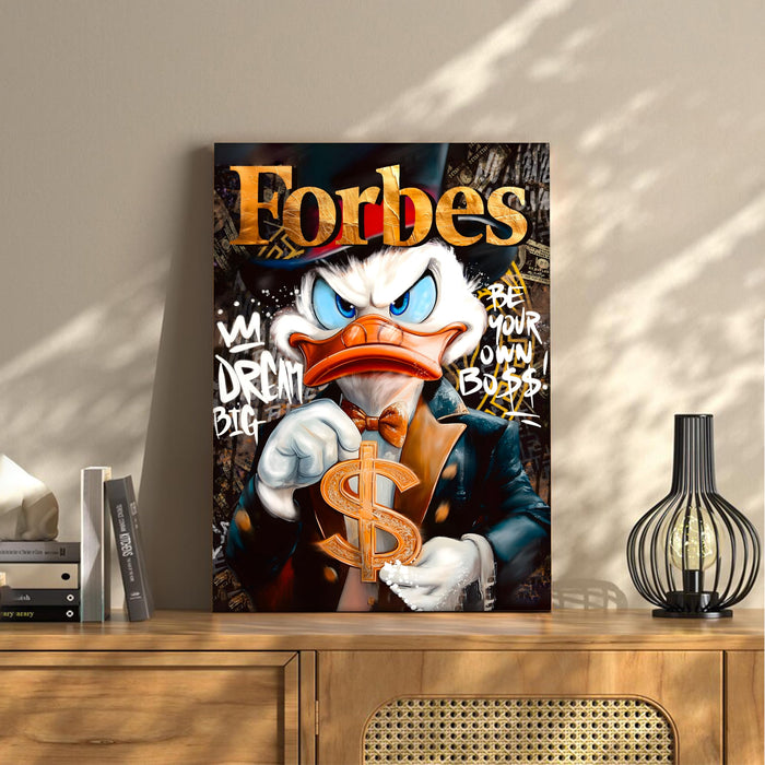 Luxury Cartoon Duck Pop Art Stretched Canvas Painting Print| Money Motivation Street Art Wall Décor | Modern Success-Themed Artwork for Home & Office, 41x56 cm