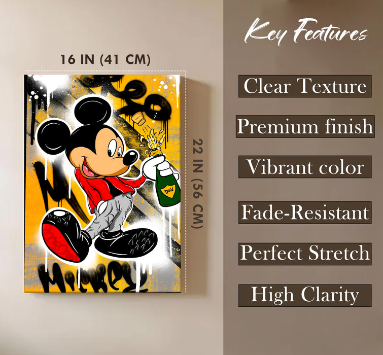 PAINTINGMANTRA Cartoon Mouse Champagne Stretched Canvas Painting Print| Graffiti Style Pop Art Wall Décor | Modern Street Art Canvas for Home & Office, 41x56 cm