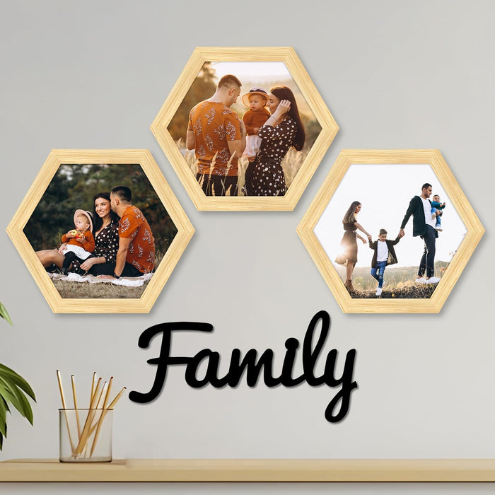 Hexagon Wall Photo/Picture Frame Set of 3, and 'Family' Word MDF Cutout (Size 10x9.2 Inch)