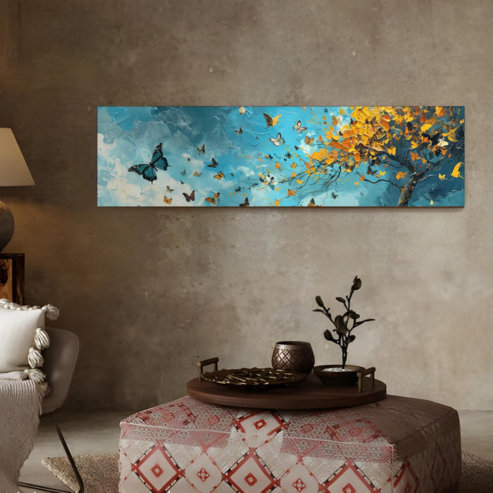 Large Stretched Canvas Painting, Panel Wall Art Print Blue and Yellow Butterfly Tree Luxury Paintings for Home Decoration (Blue, 12x46 Inch)