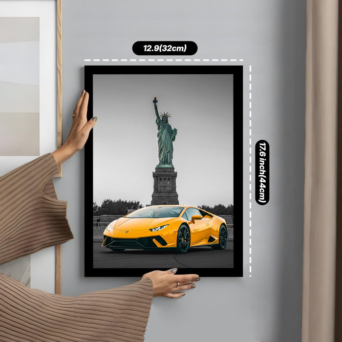 Automotive Wall Art Print for Boys and Man Room with Yellow Sports Car Illustration in Front of Statue of Liberty 32x44 cm