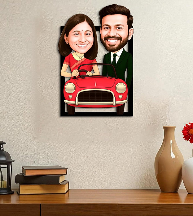 Customized Face Caricature With Car Character Cartoon Photo Frame, MDF Personalized Caricature Anniversary Gift For Husband, Wife, Customised Gift For Friends & Family, Boyfriend, Couples
