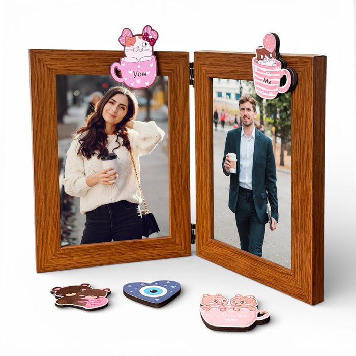 Art Street Foldable Table Photo Frame with MDF Magnet Sticker | Magnetic Message Sticker Couple Photo Frame for Valentine day, Anniversary Gift (4x6 Inch)