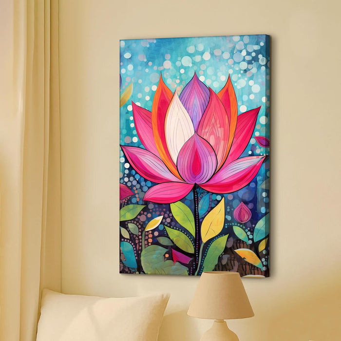 Abstract Multicolor Folk Art of Lotus Floral Stretched Canvas Painting with Frame – Wall Art – Framed Canvas Wall Décor (23x35 Inch)