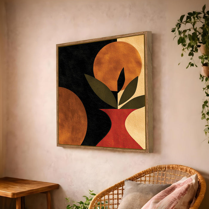 Boho Vase Botanical Framed Painting For Living Room | Abstract Plant and Sun Large Canvas Painting With Frame Wall Art For Bedroom, Hallway's, Office, Hotel, Size 58x58 cm
