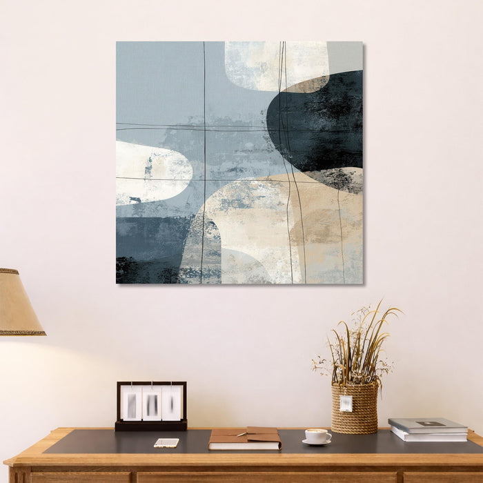 Modern Abstract Stretched Canvas Wall Art Painting For Living Room, Minimalist Navy Blue, Geometric Shapes Painting, Large Neutral Home Decor for Living Room & Office (56xx56 cm)