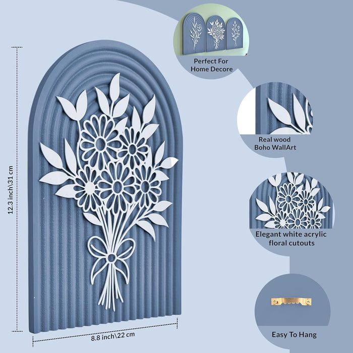 Pack of 3 Boho Floral Wall Art with Blue Arched Wood Base and White Acrylic Flower Cutouts Boho Decor 22x31 cm