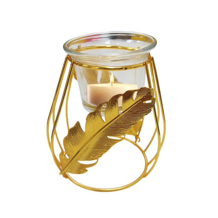 Metal Diwali Tealight Holder with Glass Leaf Decorative Crystal Puja Dia for Mandir  (Gold, 10x8x9 Cm)