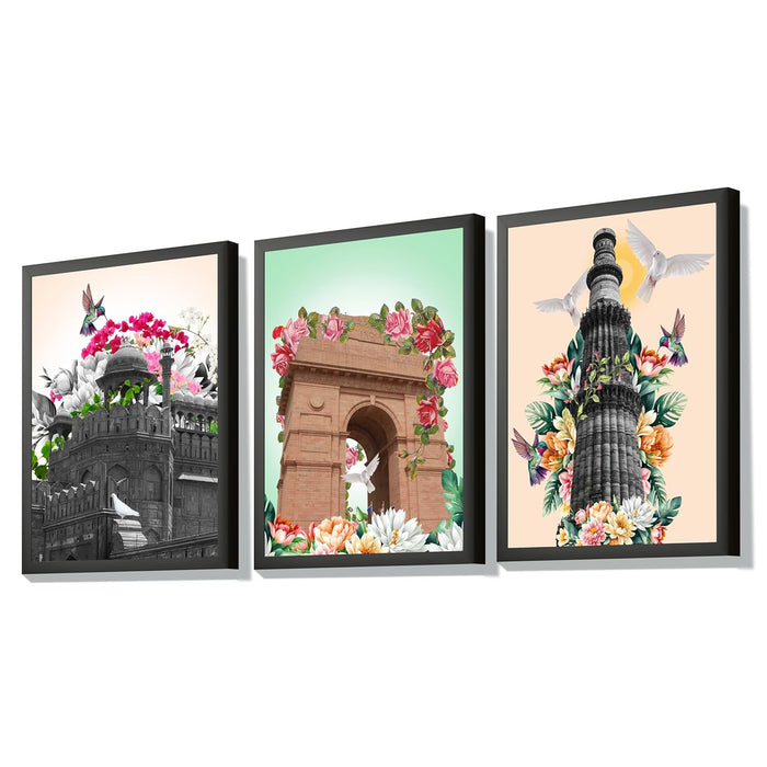 Art Street Embossed Laminated Framed Wall Art Prints Qutub Minar & India Gate Art For Décor Abstract Art (Set of 3, Size - 12.7x17.5 Inch)