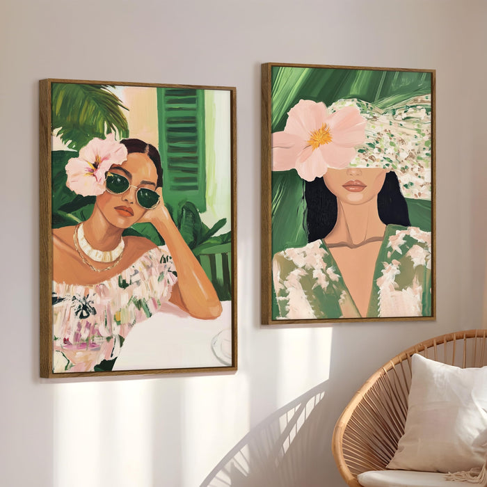 Boho Women Portrait Green and Pink Canvas Painting Bohemian Large Wall Art Painting for Living Room Decoration, Stylish Large Wall Art Print for Wall Decor (Set of 2, 58x89 cm)