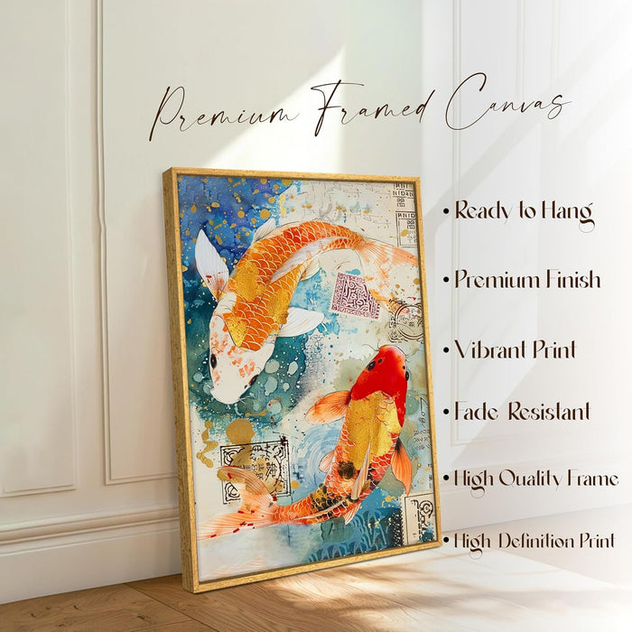Abstract Traditional Koi Fish Multicolor Painting on Stretched Canvas – Frameless Unframed Gallery Wrap Canvas Wall Art 22x34 Inch