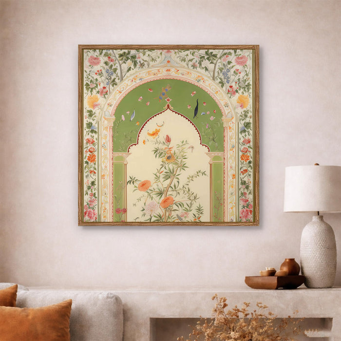 Floral Jharokha Framed Painting For Living Room | Traditional Madhubani Large Canvas Painting With Frame Wall Art For Bedroom, Hallway's, Office, Hotel, Size 58x58 cm