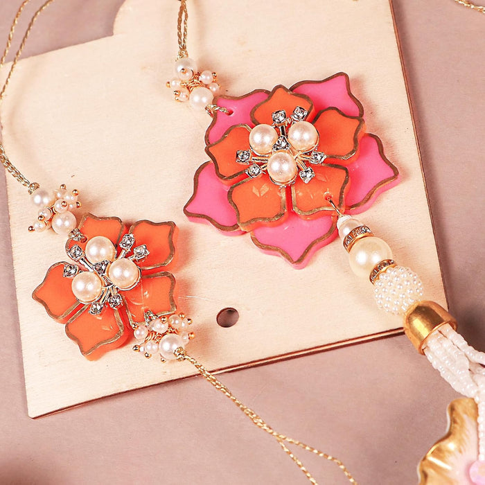 Rakhi Set for Brother and Bhabhi Premium Pink Flowers Design Rakhi with Roli and Chawal for Raksha Bandhan (Combo Of Two Rakhi)